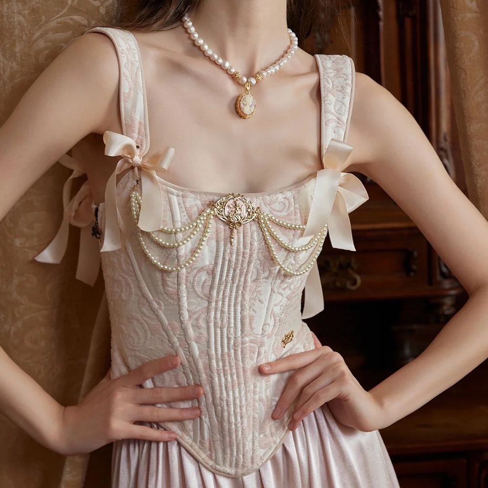 pink princess jacquard bow pearl gold brooch corset